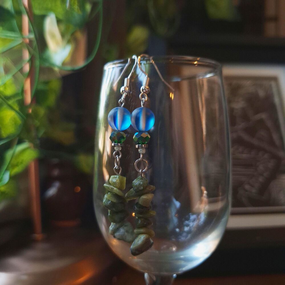 Aqua Blue Glass & Green Serpentine Dangle Earrings - Picture 12 of 13